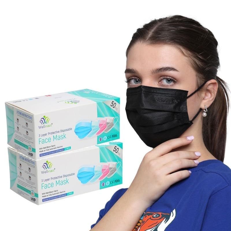 Wellvian Adult Mask Disposable Face Mask Meltblown Mask Surgical Face Mask With Nose Pin & Latex Free Ear Loops Bfe = 99% Colour : Full Black ||100 Pcs (Pack of 2 Box 50 Pcs Each) (B0CL6T4QN3) Amazon Price History, Amazon Price Tracker