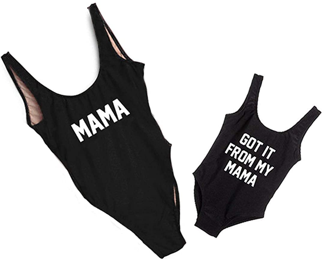 Mother Girl Swimwear Mommy and Me Matching One Piece Beach Wear Family Letters Print Sporty Monokini (Black (Daughter),Kid-3-4 T (M))