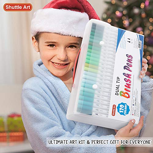 Shuttle Art 120 Colors Dual Tip Brush Art Marker Pens With 1 Coloring Book, Fineliner And Brush Dual Tip Markers Set Perfect For Kids Adult Artist Calligraphy Hand Lettering Journal Doodling Writing. #TOP6