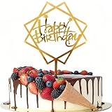 Gold Square & Star Happy Birthday Cake Toppers - Acrylic Mirror Cake Decor, Cake Decoration for Kids & Adult