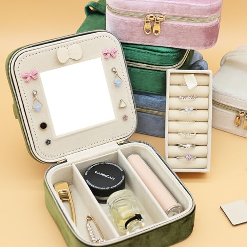 Cuifdem Jewelry Travel Case, Small Jewelry Box With Mirror, Velvet Travel Jewelry Boxes for Women, Necklace Ring Earring Organizer Box for Travel Vacation(Olive Green) - image 7