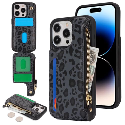 Étui portefeuille pour iPhone 14 Pro Cavor avec porte-cartes et fermeture éclair motif léopard