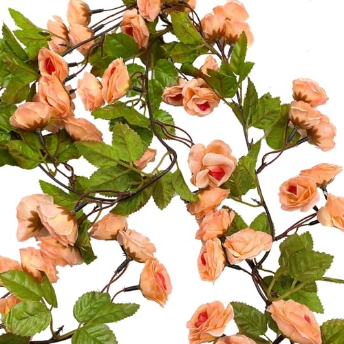 Image of TIED RIBBONS Pack of 2 Artificial Flower Vine Garland Creeper 69 Small Rose (183 cm) Garland for Decoration Wall Door Hanging Home Decor Balcony Office Ganesh Chaturthi Decorative Items (Orange)