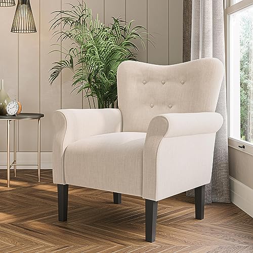 Image of BELLEZE Modern Accent Chair, High Back Armchair, Upholstered Wingback Side Chair, Padded Single Sofa with Wooden Legs for Living Room, Bedroom - Beige