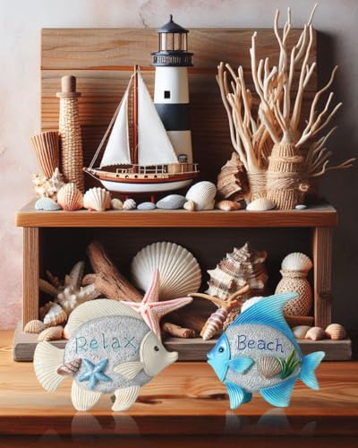 Image of GoGnome Coastal Charm Resin Fish Figurines - Set of 2 Decorative Relax & Beach Decor Nautical Themed 4.4'' Statues for Home Hotel (Fishes)