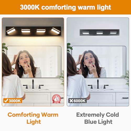 Image of Torondo 360 Rotate LED Bathroom Vanity Light Fixtures, Acrylic Vanity Lights for Bathroom, Modern Wall Lighting Fixtures Over Mirror Living, Matte Black, Warm White, 4-Light, 27-Inch