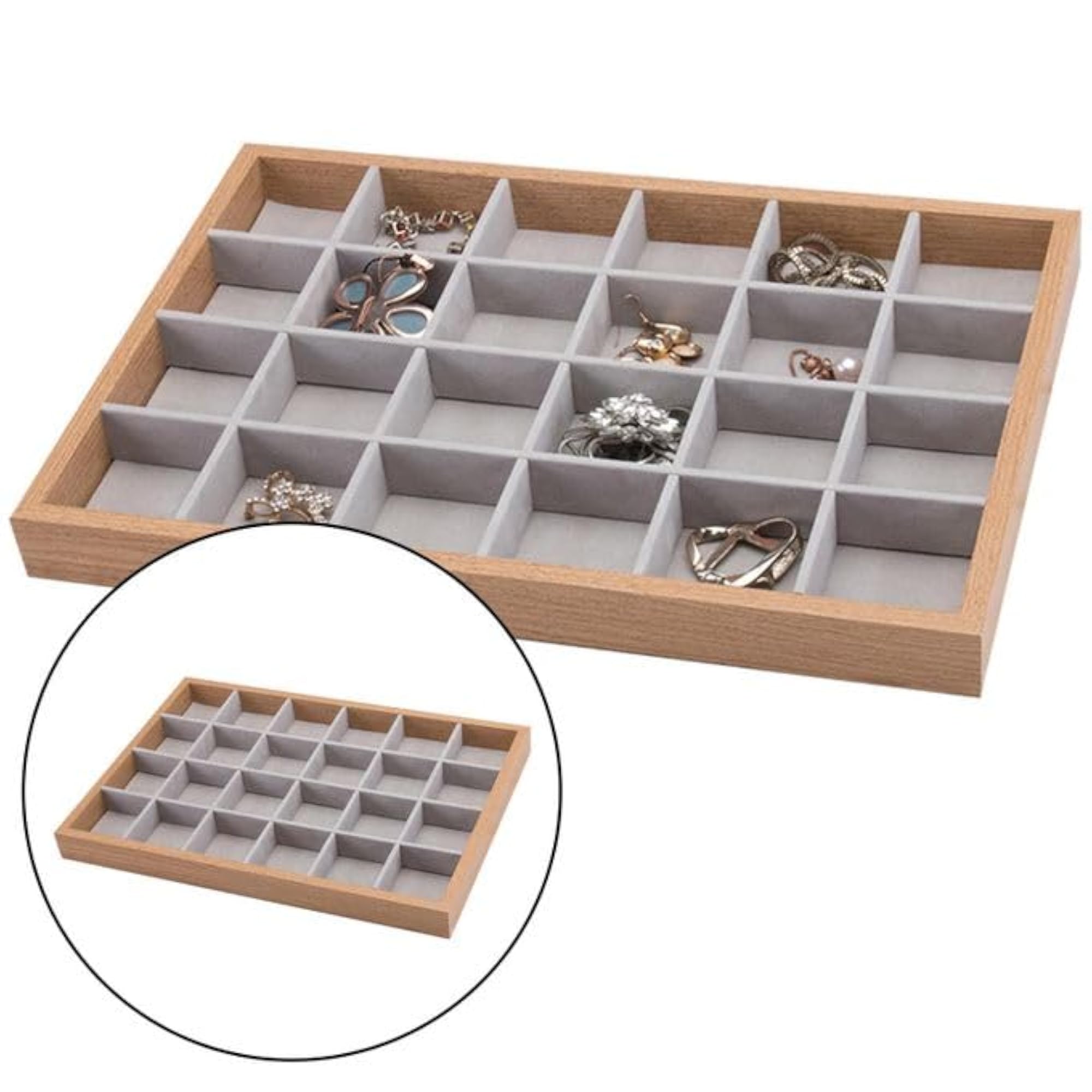 Premium Wooden Grey 24 Compartment Jewellery Display Storage Holder