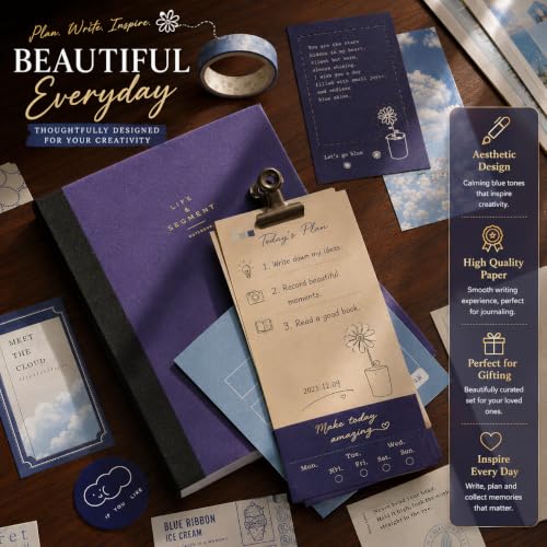 Image of RANDEN Blue Journaling Kit, 346PCS Vintage Scrapbook & Stationery Set with Aesthetic Stickers, Ephemera Pack and Journal Supplies for Bullet Journals, Planners, Albums & Creative Crafts (Warm Blue)