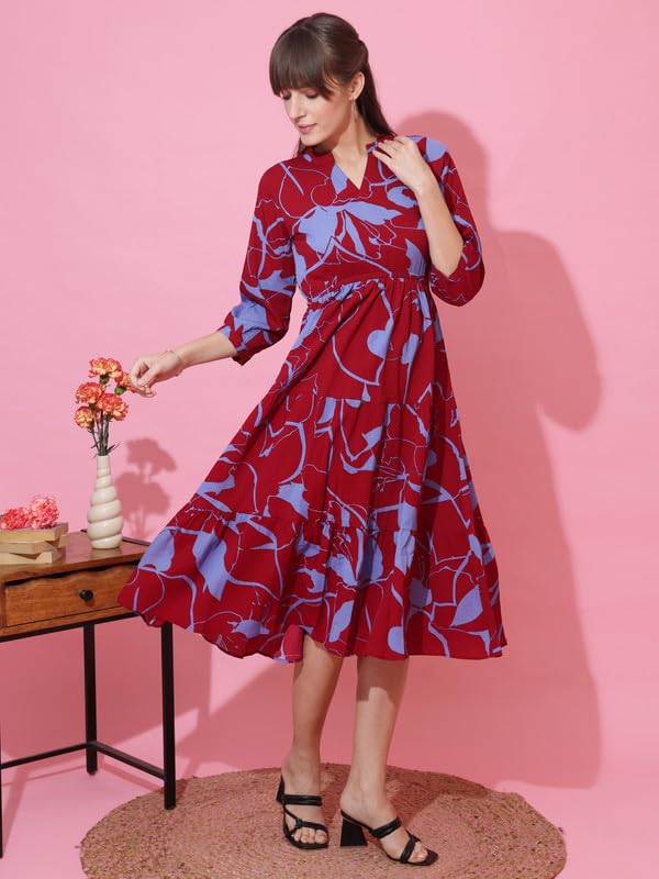Image of Sheetal Associates Women's Casual 3 /4 Sleeve Crepe Fit and Flare Dress| Comfortable Relaxed Fit Summer Party Dress
