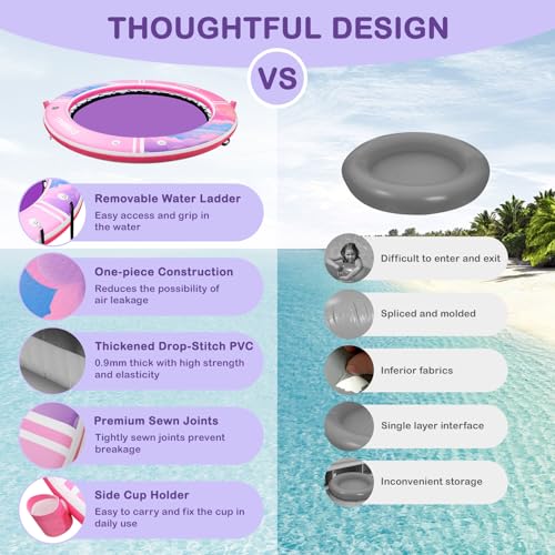 Image of Inflatable Water Hammock Floating Dock 8 FT with Mesh, Tanning Pool Raft Round Ring for Adults, Float Platform for Lake and Beach with Water Ladder and Cup Holder