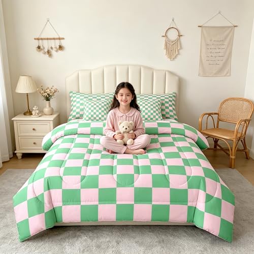 Parure de lit 7 pièces avec couette imprimé patchwork géométrique abstrait rose