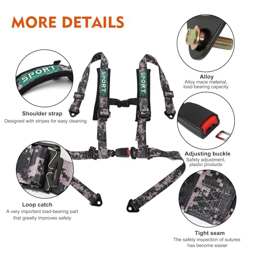Image of 4 Point Harness Seat Belt With Padding Heavy Duty Buckle Upgraded 3 Inch Black Straps UTV Harness 4 point Universal Adjustable for Kids and Adults Easy Install, Camouflage