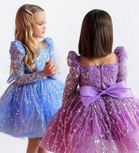Sequin Flower Girl Dresses 2025 Sparkly Short Pageant Dress Long Sleeves Birthday Party Dress with Bow4