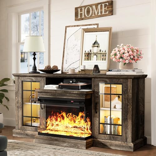 Image of MXV 59'' Fireplace TV Stand, Farmhouse Entertainment Center with 3 Sided Glass TV Stand, Modern Media Console Table with Storage Drawers & Cabinets with LED Flame and Lights for Living Room, Gray