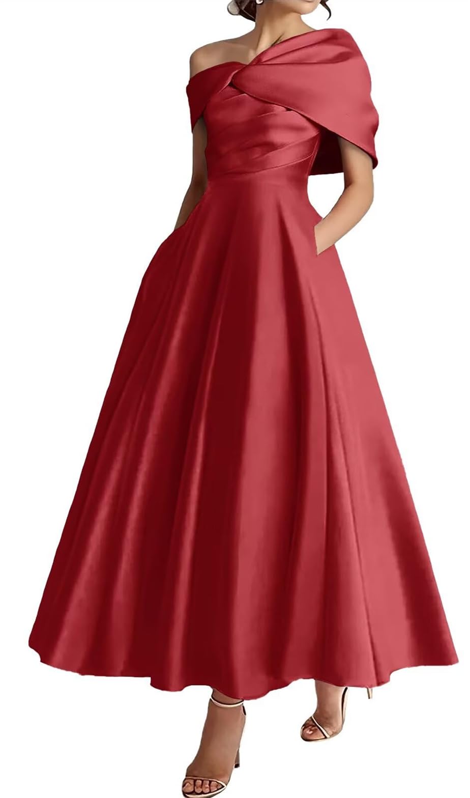 Wseyu Women's Wine Red One Shoulder Mother Of The Bride Dresses For Wedding Guest Bow Satin Maxi Evening Prom Gown Tea Length Zmki328 Uk24