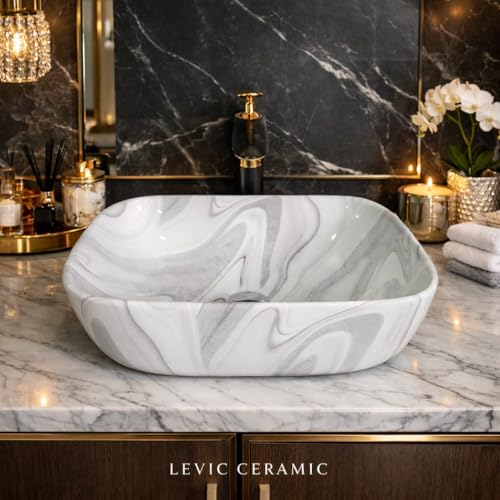 Image of Ceramic Tabletop Wash Basin - Glossy Rectangular Countertop Vessel Sink with Marble Finish for Bathroom & Vanity | Compact 18 x 13 x 5 Inch | Elegant Washbasin