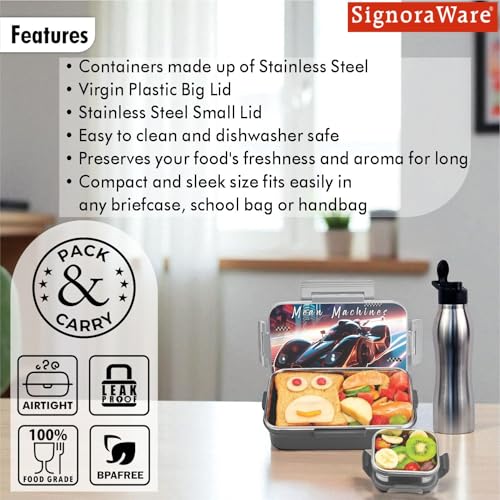 Image of SIGNORA WARE Delight C Nugget Stainless Steel Printed Lunch Box Set for Kids | Airtight Lid with Clip Lock | Compact & Sleek Size | Great for Picnics & Outdoors (700ml + 130ml + 750ml Bottle | Grey)
