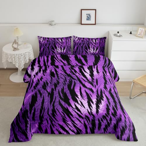 Image of Feelyou Kids Zebra Print Bedding Set Toddler Size Purple Black Zebra Stripe Bedding Set Toddler Size Skin Fur Print Comforter Set Kids Boys Girls Wildlife Duvet Set Microfiber Bed Set