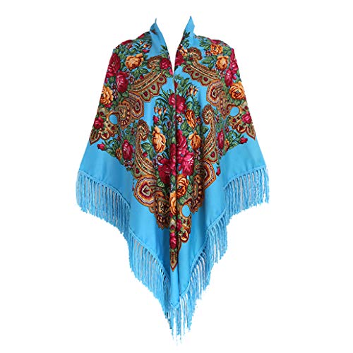 Gudessly 62"*62"Oversized Women's Traditional Retro Scarf Wrap Tassel Fringes Floral Poncho Shawl Printing Shawl, Sky Blue, 63 * 63inch