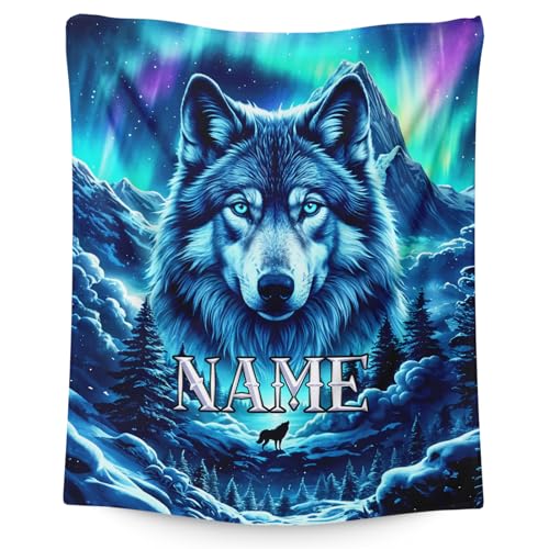 Boys Blanket Personalized Wolf Throws Gifts for Kids Adults Teens 8-12 Wolves Lovers Custom with Name Soft Cozy Cool Theme Throw 4 Sizes Blankets for Sofa Couch Bedroom Living Room Home
