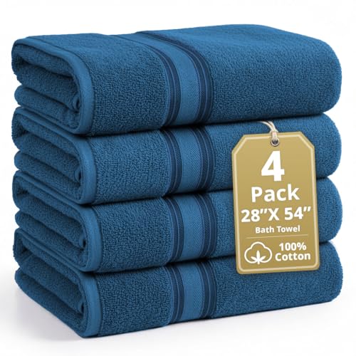 Image of LANE LINEN 100% Cotton 4 Pack Bath Towels Set (28 inchx54 inch) - Zero Twist, Large Cotton Towels for Bathroom - Quick Dry, Soft & Absorbent Bath Towel Set - Pre Shrunk, Wide Variety of Colors - Sea Port