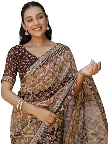 SIRIL Women's Georgette Bandhani Printed Saree With Unstitched Blouse Piece