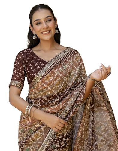 SIRIL Women's Georgette Bandhani Printed Saree With Unstitched Blouse Piece