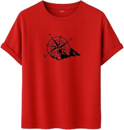Erkek Oversize Da  ve Pusula Bask l  Ti rt, Gri,%100 Pamuk, Outdoor Macera Temal , Rahat Kesim
