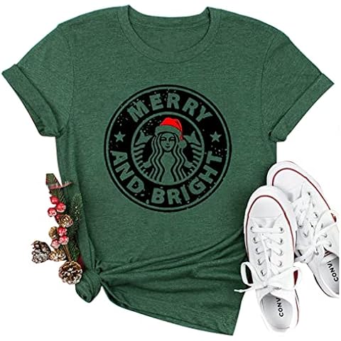 Merry and Bright T Shirt Women Christmas Cute Santa Claus Graphic Tee Shirts Short Sleeve Casual Basic Blouse Tops, Green, Medium Cover