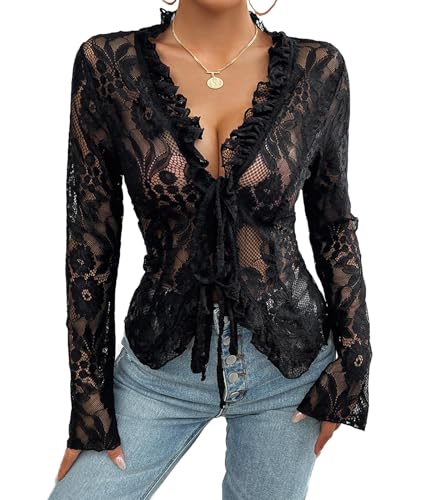 Image of xxxiticat Women's Long Sleeve Lace Top V Neck Ruffle Trim Hollow Out Front Open See Through Floral Tie Up Cardigan Shirt