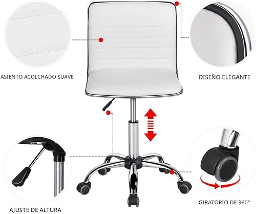 Miniatura 4 de Yaheetech Silla de trabajo ajustable de piel sintética con respaldo bajo acanalado sin brazos giratoria blanca silla de escritorio silla de oficina