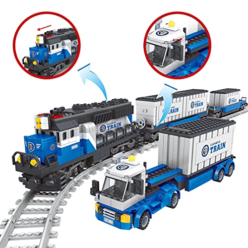 BGOOD Technik Zug mit Schienen, 1008 Klemmbausteine City Güterzug Eisenbahn Modell, Konstruktionsspielzeug Kompatibel… – Bild 3