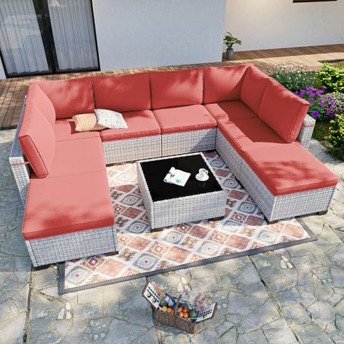 Image of Outdoor PE Wicker Rattan Modular Patio Sectional Sofa Set | 9-Piece: 6 Modular Seats, Coffee Table & 2 Ottomans, Red