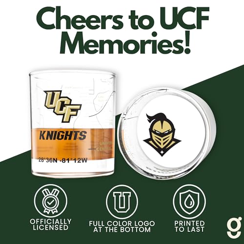 Image of Greenline Goods University of Central Florida Knights Whiskey Glasses Set of 2, 10 oz Rocks Glasses with Full-Color Logo & Campus Map - Officially Licensed Bourbon Glass Gift for Alumni & Fans