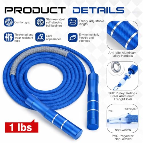 Image of Weighted Jump Rope - Heavy Jump Ropes with Adjustable Extra Thick Cable, Aluminum Handles, High-Speed Ball Bearings, Premium Skipping Rope for Workouts Crossfit Home Fitness MMA (Blue)