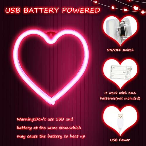 Image of Baquler 6 Pcs Valentine's Day Pink Neon Sign Neon Light LED Sign USB or Battery Operated Heart Neon Sign Wall Decor Lamp for Party Girl's Room Dorm Bedroom Wedding Bar Anniversary Decorations