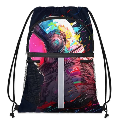 Cartoon Astronaut Drawstring Backpack Waterproof String Bag Sackpack Outer Space Cinch Sack for Traveling Gym Sports with Mesh Pockets