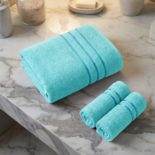 Image of MYTRIDENT Towel Set| Comfort Living | Quick Drying | Travel Friendly | for Men /Women | 3 PC Towel Set | 1 Bath (70 cm x 140 cm) 2 Hand (40 cm x 60 cm) | 100% Cotton 400 GSM - Sea Green