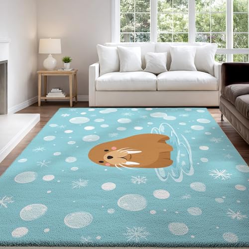 Genérico Alfombra Antideslizante de Pelo Corto Lavable 140 x 200 cm, Dibujos Animados Antideslizante Alfombra Lunares Dibujo Animado Morsa Cian Marrón Decorativa para Salón y Habitación