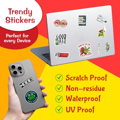 Image of Pack of 53 Laptop Sticker for Stoners, Weed, Marijuana - Stickers for Laptop, Journal, Bike Helmet, Diary, Guitar, Mobile - Waterproof, Glossy Laminated, self-adhesive, 3 inch