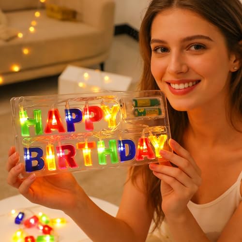 Auzlya Happy Birthday Lichterkette LED,Buchstaben Lichterkette ’Happy Birthday’ mit 13 LED,Bunt Geburtstagslichterkette,für Partydekoration Geburtstag Batteriebetrieben