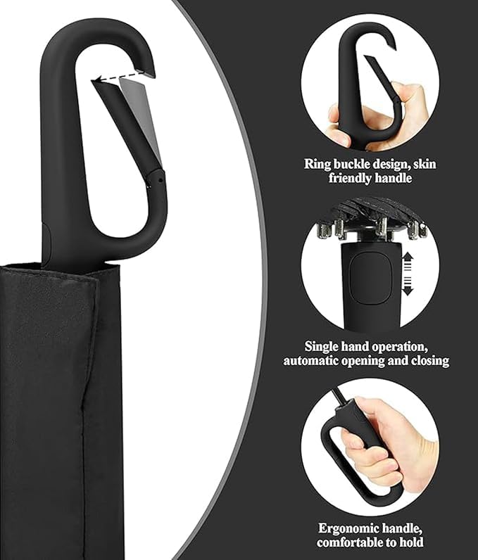 Image of TEKCOOL UV Umbrella with Novelty Carabiner Handle, Travel Umbrellas for Rain and Sun Windproof Compact, Automatic Open Close, 8 Ribs, Portable Umbrella for Men and Women(Black)