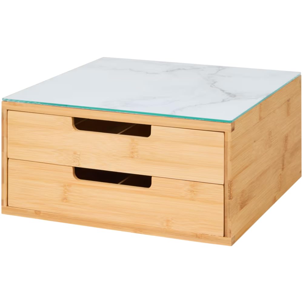 Porta Capsule Caffè in Bambù, Cassetto Estraibile, Supporto Macchina Copertura Vetro, Struttura Bamboo, Misura 30x30x10 cm, Universale Compatibile Tutte le Cialde (BIANCO DOPPIO CASSETTO)