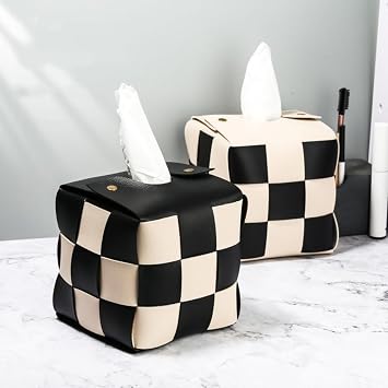 Checkered Tissue Box Cover, US Size Square Tissue Box Holder PU Leather Decorative Tissue Storage Box Suitable for Livingroom, Bathroom, Dressing Table Countertop [Square]-Black