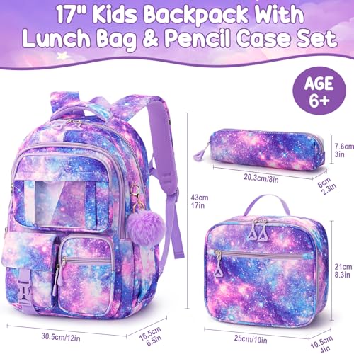 Image of Fimibuke Kids Backpack for School Girls, Waterproof Backpack w /Lunch Box | 3PCS Lightweight Kids Galaxy Bookbag w / Lunch Box Combo Set, Cute Backpack for Girls Ages 6+ Elementary Middle School Teens