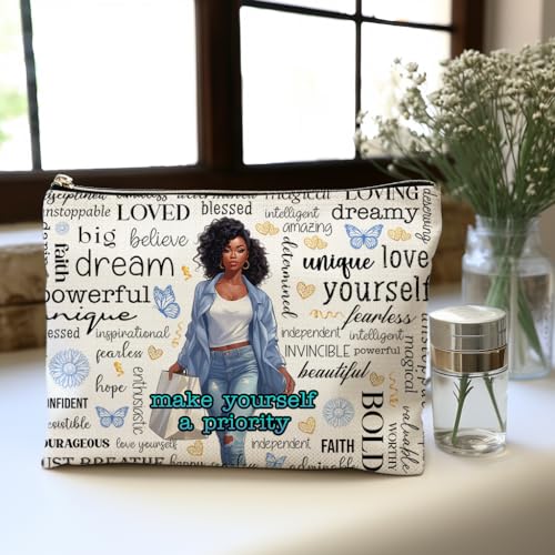 OUZ African American Makeup Bag, Black Women Cosmetic Bags Inspirational Gift, Funny Cosmetic Pouch Travel Bag for Women Sister Graduation Friendship Birthday Gifts- Make yourself a priority - Image 5