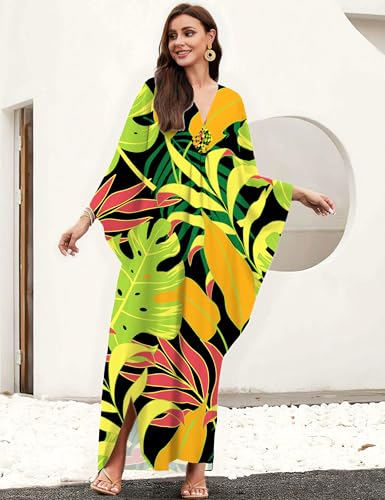 Image of MAKABO Kaftan Dresses for Women, V Neck Moo Moos Colorful Print Cover Ups Caftan Beach Dresses for Swimwear