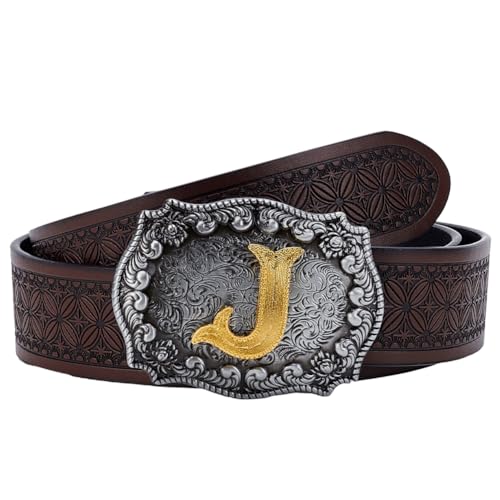 1.2 Yards×1.46 Inch Western Cowboy PU Leather Belt Initial Letter J Buckle Cowgirl Floral Engraved Leather Belt Coconut Brown Rodeo Waist Strap for Men Women Jeans Christmas Gifts
