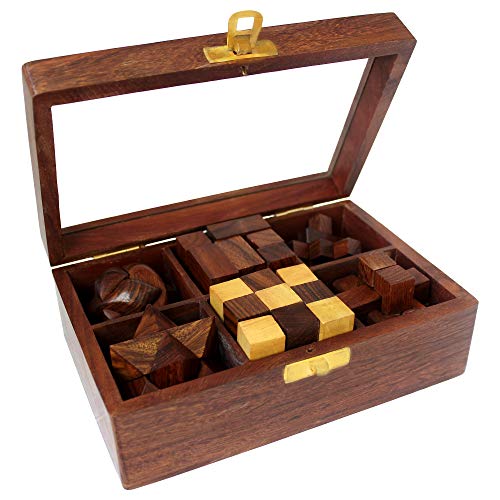Image of ITOS365 Wooden Puzzle Gift Set - 6 Puzzles in a Wood Box | 3D Brain Teasers for Adults & Teens | Interlocking Puzzle Collection | Unique Gift Idea