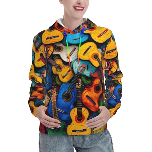 Sweat à capuche graphique pour femme chaud avec poche ventrale et imprimé guitare